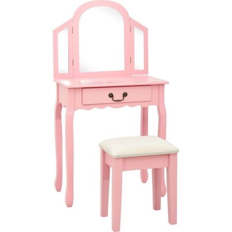 Tocador y taburete madera paulownia y MDF rosa 65x36x128 cm vidaXL