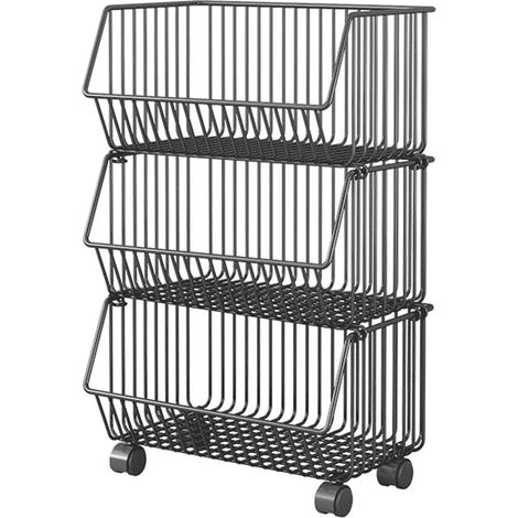 3 Tier Fruit Basket for Kitchen Storage Cart Stackable Metal Wire Storage Basket Snacks Organizer Baskets with Rolling Wheels Potato Onion Storage Bins Rack for Kitchen Living Room Home Office (1/5)