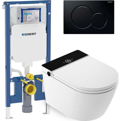 Mizubath - Set WC giapponese sospeso Rada nero - Risciacquo ad acqua - Asciugatura ad aria - Modulo Geberit Duofix 8 cm - Placca comando doppio nero