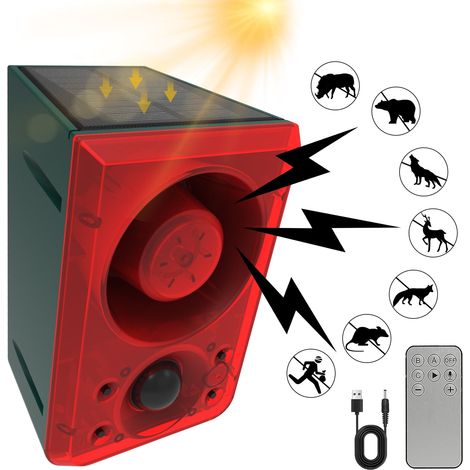 Solar Outdoor Motion Sensor Alarm-Dog Barking&Gunshot Sound,Support Recording&±Volume,130db Loud Noise Maker,3 Work Modes Strobe Light with USB, for Home, Garden, Yard, Farm