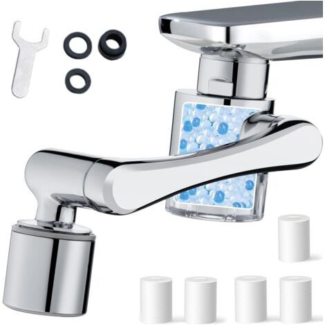 Filtre de robinet anticalcaire rotatif à 1080°, filtre de robinet transparent avec 5 éléments filtrants en coton PP, filtre à eau de robinet 2 modes pour cuisine et salle de bain (Argent 1) (1/5)