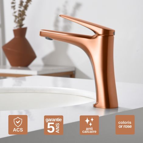 Robinet Mitigeur Lavabo Salle de Bain or rose cuivré – Bec Bas Anti-Calcaire – Design Moderne - DELOS IMEX (1/5)