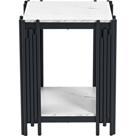 Tavolino moderno in MDF effetto marmo con struttura in metallo nero, 2 ripiani, 55 cm (1/5)