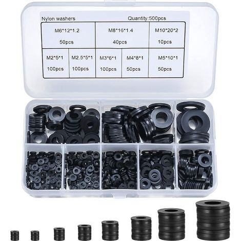 500 Pièces Rondelles Plates Nylon Noir, Rondelles Plates Isolation Rond Joint Spacer Joint Plomberie Assortiment Kit- M2/M2.5/M3/M4/M5/M6/M8/M10 (1/5)