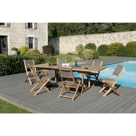 HARRIS - SALON DE JARDIN EN BOIS TECK 8/10 pers - 1 Table rectangulaire extensible 180/240100 cm et 6 chaises taupe (1/5)