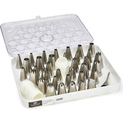 De Buyer Acciaio Set di 35 beccucci Inox + 2 adattatori, 2114.10, Inossidabile, Lung. 30 cm, largh. 24 cm, Alt. 6.3 cm, p. 0.87 kg (1/4)