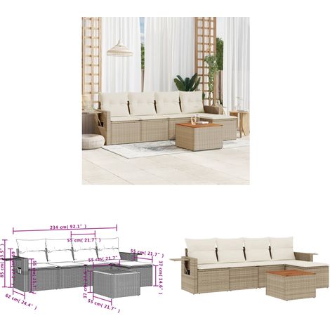6-tlg. Garten-Sofagarnitur mit Kissen Beige Poly Rattan - Gartenmöbel Set - Outdoor Möbel - Rattan Gartenset - Lounge Garnitur - Esszimmergarnitur - Home & Living (1/3)