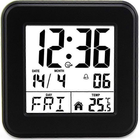 Wecker mit ewigem Kalender, sprachgesteuerter Nachttischwecker mit Hintergrundbeleuchtung, Wecker für Senioren mit Temperaturanzeige, schwarz (1/5)