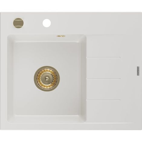 Mexen Ben fregadero de granito de 1 seno con escurridor, izquierdo 600 x 500 mm, blanco, sifón dorado - 6522605000-20-G (1/5)