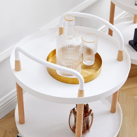 Weißer nordischer Aufbewahrungswagen auf Rollen, 2-stöckiges mobiles Regal für das Wohnzimmer, multifunktionaler Couchtisch, Bodenaufbewahrungsständer mit Schwenkrollen. (1/3)