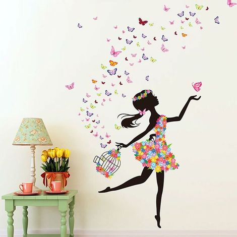 Stickers muraux amovibles danseuse fleur papillon, décoration chambre bébé, pépinière, DIY adhésif – DELKEVIC
