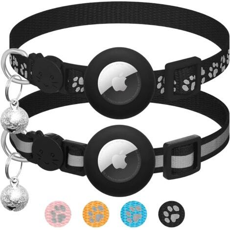 Lot de 2 colliers pour Apple AirTag pour chat avec clochette, collier réfléchissant pour chat avec support Airtag, réglable de 17,8 à 30,5 cm, avec boucle de sécurité -(Noir)