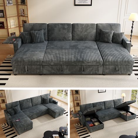 Canapé panoramique convertible 6 places en U 271x131x83 cm, couchage gigogne, 2 coffres, USB et USB-C, porte-gobelets, velours côtelé, gris