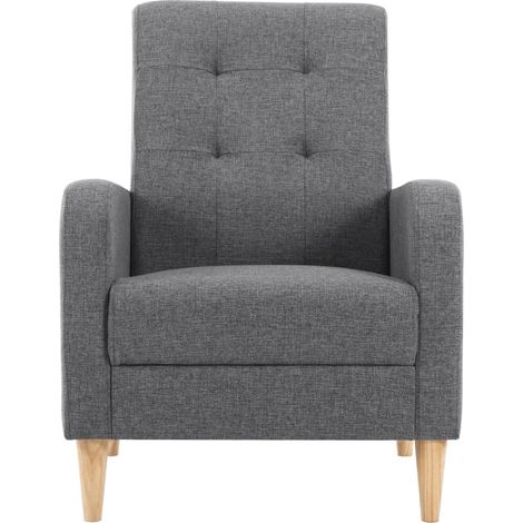 Fauteuil 1 place en lin avec structure en bois massif, style nordique, pour salon ou chambre (1/5)