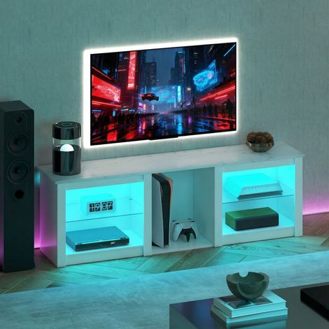 Mobile porta TV con illuminazione a LED per televisori fino a 70 pollici, 160 cm con ripiani in vetro regolabili, bianco