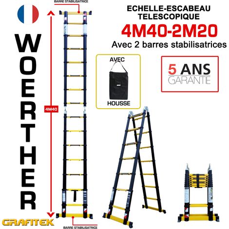Echelle-escbeau télescopique 4m40/2m20 Woerther avec barre stabilisatrice - Charge maximal 150Kg - Garantie 5 ans (1/3)