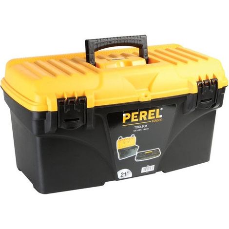 Perel caja de herramientas 43,5L con bandeja extraíble, toolbox de plástico con asa plegable y cierres de plástico, maletín herramientas 53,5 x 29,1 x 28 cm