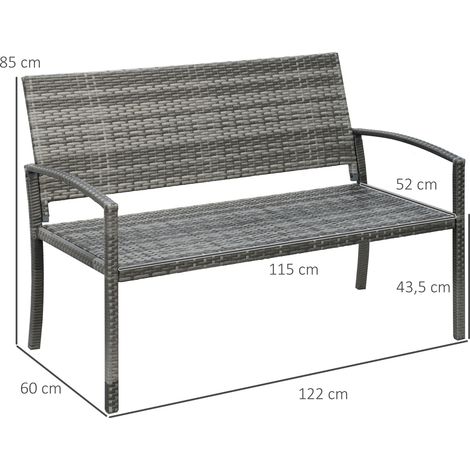 Banc de jardin aspect rotin, banc de parc avec structure en acier pour 2 personnes, banc de balcon, charge maximale 320 kg, mobilier de jardin gris