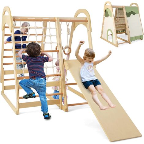COSTWAY 6 en 1 Triángulo de Escalada Infantil, Parque Infantil Interior para Niños, Conjunto de Juguetes de Escalada de Madera con Tobogán, Gimnasio de Interior para Niños Mayores de 1 Año (1/5)