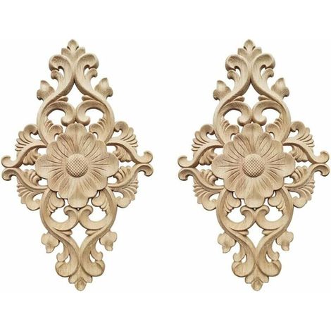 LAN Moulure Decorative Bois 2 Pieces Sculpture Bois Sculpture Sur Bois Fleur Décalque Bois Sculpté Vintage Sculpture Sur Bois Incrustation Non Peint Bois Sculpté Moulure Stickers Bois