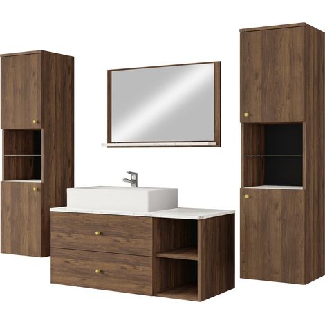 Conjunto de mueble de baño Salus III, Nogal + Mármol blanco