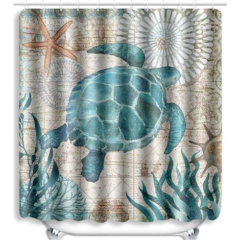Cortina de ducha con estampado de tortugas, impermeable y resistente al moho, protege tu privacidad, con 12 anillas de sujeción. (1/5)