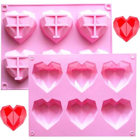Moule à gâteau en silicone en forme de cœur, 6 cavités, formes de diamant 3D, moule à savon en silicone, ustensiles de pâtisserie pour chocolat, bonbons, muffins, gelée, cupcakes, 2 pièces (1/5)