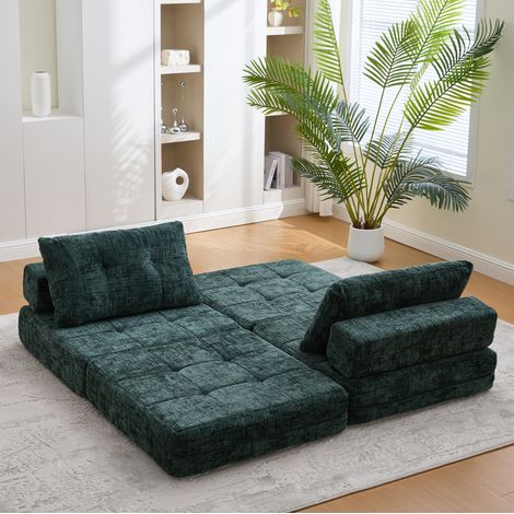 Canapé convertible pliable au sol avec coussins, 79 x 79 x 57 cm, chenille vert foncé HAVRYA (1/5)
