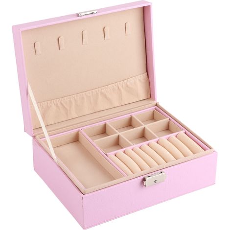 Boîte à bijoux rose en cuir PU durable, élégante, double couche, grande capacité, idéale pour bagues, boucles d'oreilles et colliers (1/5)