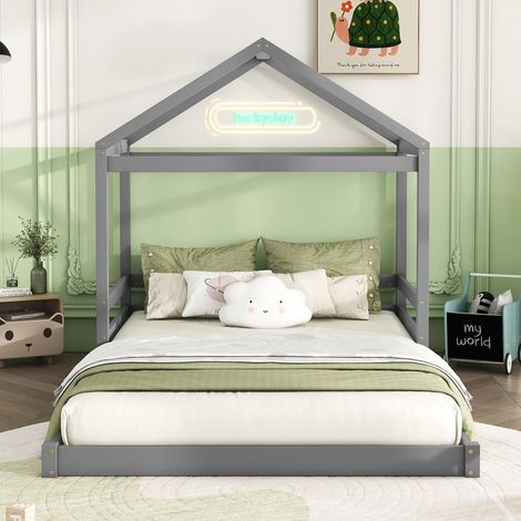 Lit cabane 140x200 cm en pin gris avec sommier à lattes, style minimaliste, sans matelas (1/5)