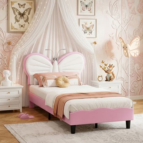 Lit Fille 90x190 cm avec Lampes LED, Lit Enfant Fille avec Tête de Lits réglable en Forme de Papillon et Lattes en Velours, sans Matelas, Rose (1/5)