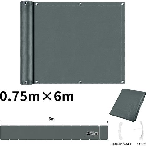 (Gris 75 x 600 cm) Toile pare-soleil imperméable perforée, pour balcon, terrasse ou jardin (brise-vue). (1/5)