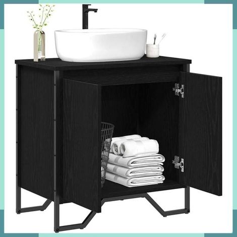 Meuble de lavabo - Modèle 869179 - Chêne noir aspect bois - 60 x 35 x 60 cm - 2 portes (1/5)