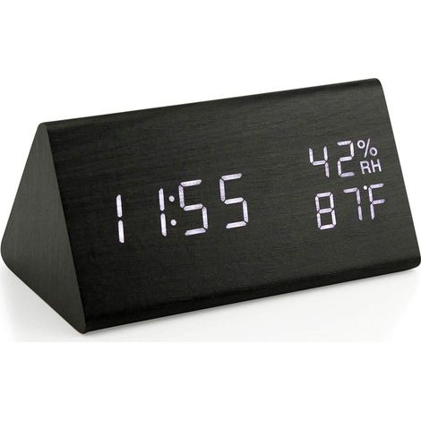 Horloge Numérique En Bois - Affichage Heure Date Température Humidité - Réglage Luminosité Manuelle et Commande Vocale - Alimentation USB - 1 Pièce (1/5)