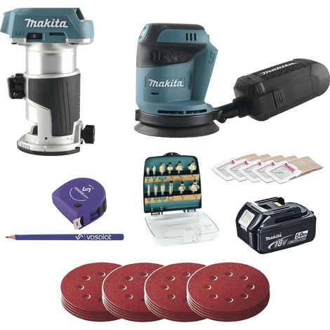 Makita Akku Exzenterschleifer 18V DBO180Z + Schleifscheiben Set 4-teilig K60/80/120/180 + Akku-Einhandfräse 18V DRT50Z, + Fräser 12-teilig, + 1x Akku 18V