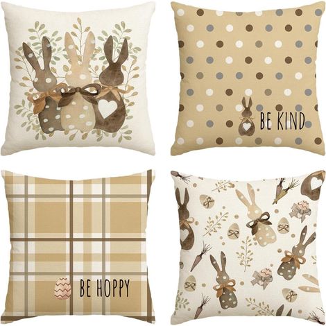 Taie d'oreiller - 45 x 45 cm - Taie d'oreiller rétro à pois, cœur et lapin - Taie d'oreiller décorative - Housse de coussin décorative - Taie d'oreiller marron - Décoration pour canapé ou lit - Lot de (1/4)