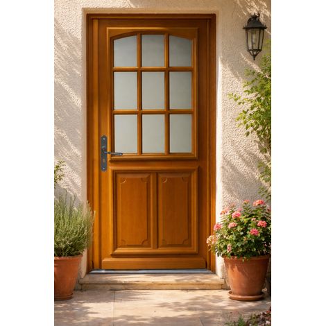 Porte D'Entree Bois Vitree, Marine, H,200Xl,90 P, Droit + Poignée Et Barillet (Ref 010403Rfp) Cotes Tableau