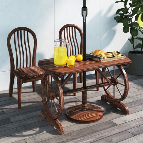 Mesa de Jardín de Madera de Abeto con Patas en Forma de Rueda Orificio para Sombrilla 120x63x70 cm Acabado Carbonizado (1/5)