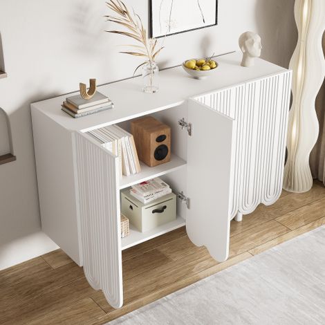 Buffet blanc avec porte de forme spéciale, charnière amortissante, forme de larme, 120x37,5x80,8 cm
