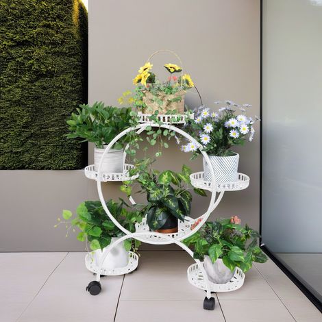 6 Potted Metal Plant Cart Stand With Moving Wheels Flower Pots Rack Holder for Patio Porch, White