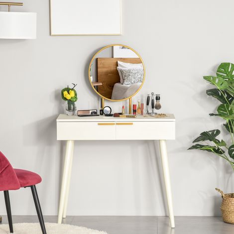 Tavolo da trucco HOMCOM con specchio rotondo, tavolo da trucco con 2 cassetti, stile moderno per camera da letto, spogliatoio, 80x40x123 cm, bianco
