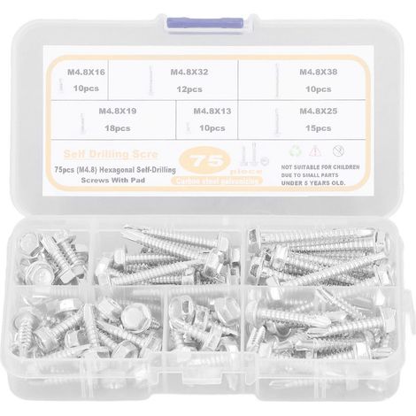 Vis M4.8 autoperceuses en acier au carbone, tête hexagonale avec rondelle, 75 pièces pour tôles métalliques (1/5)