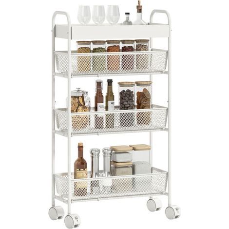 Metal kitchen trolley, 3 baskets, narrow design, 4 wheels, for kitchen, living room, bathroom, white (1/5)