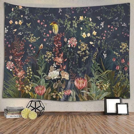 BEBUSINGOTO Wandteppich mit Dschungelblumen und Vögeln, dunkler Wandteppich mit natürlichen Pflanzenblumen, 150 x 130 cm, Wandbehang, geeignet für Schlafzimmer, Wohnzimmer, Wohnheim