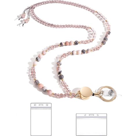 Lanière pour enseignante ornée de perles en pierre naturelle - Porte-badge rétractable et porte-clés, élégante lanière avec pochette pour badge, idéale pour l'école, le bureau et le quotidien.(rose) (1/5)