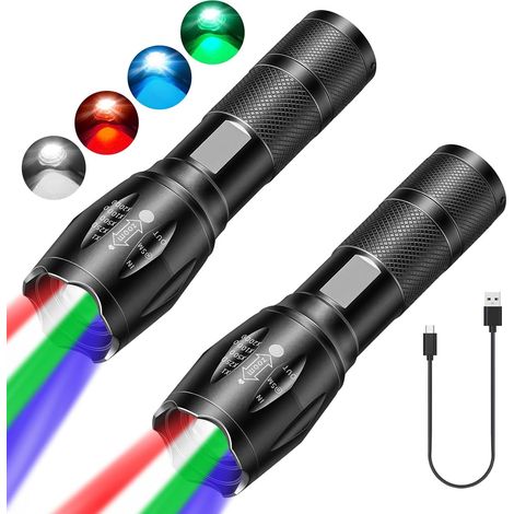 Lampe de poche LED 4 en 1 : lot de 2 lampes de poche multifonctionnelles avec lumière rouge, vert, bleu, blanc, lampe de poche étanche super lumineuse, mise au point réglable Lampe de poche LED (1/5)