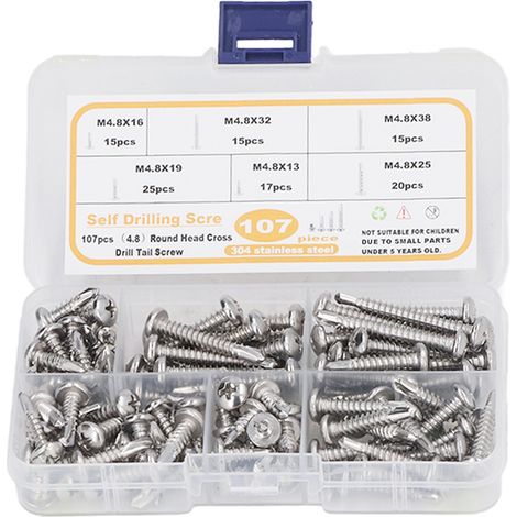 Vis Autotaraudeuses Inox 304 Tête Ronde Cruciforme M4.8 Pour Bois Métal Plastique Kit 107 Pièces (1/5)