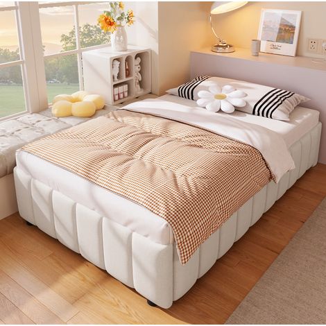Lit rembourré minimaliste en lin beige 90x200 cm avec rangement hydraulique, sans tête de lit (1/5)