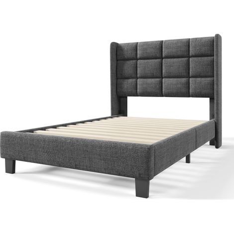 Letto singolo imbottito grigio in lino 90 x 200 cm con rete a doghe, senza materasso (1/5)