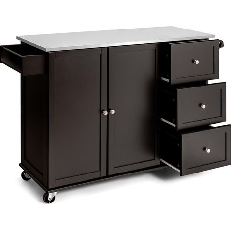 Carrello da cucina mobile con piano in acciaio inox 135 x 45,5 x 91,5 cm 3 cassetti contenitore ergonomico design moderno in MDF colore caffè 200011648